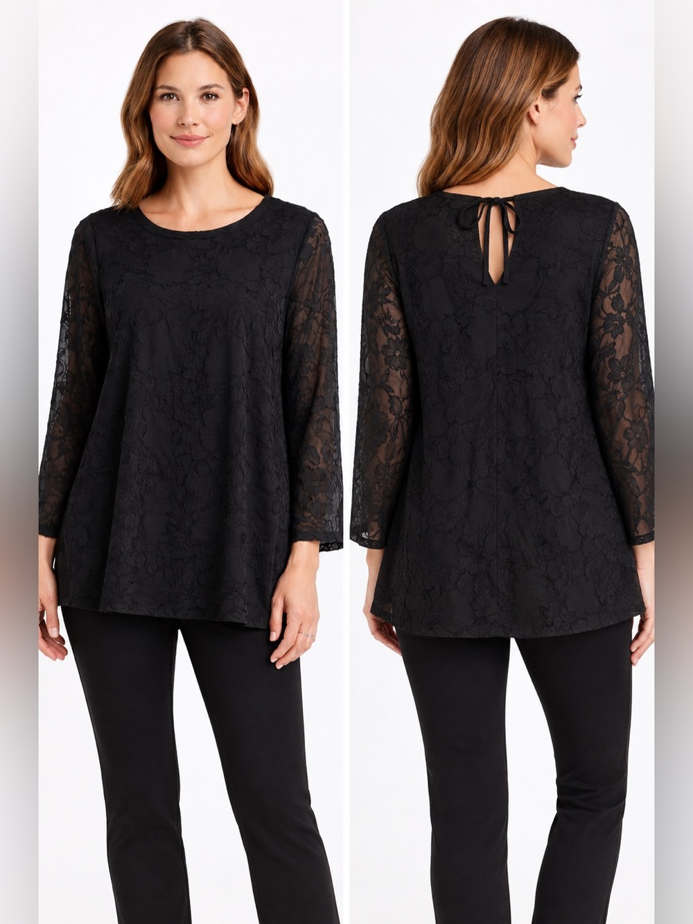 Susan Graver Black Floral Burnout Tunic Blouse Sheer Sleeve M